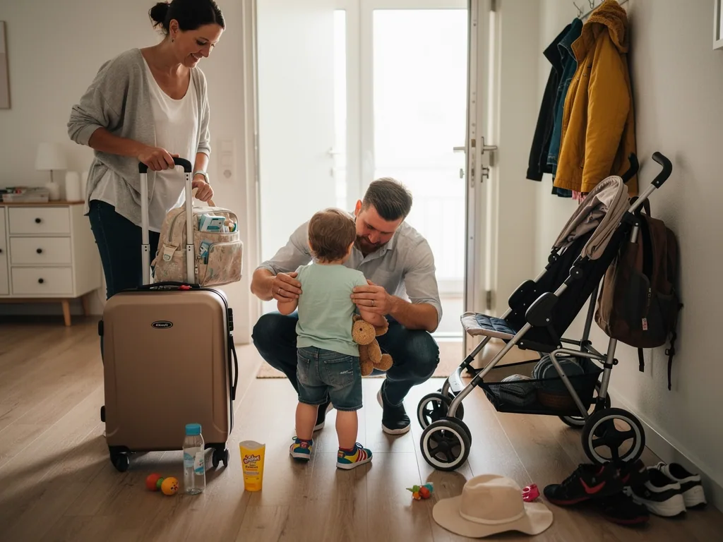 Familie im Flur vor der Reise: Mutter mit Koffer, Vater hockt beim Kleinkind, daneben Buggy und Gepäck.