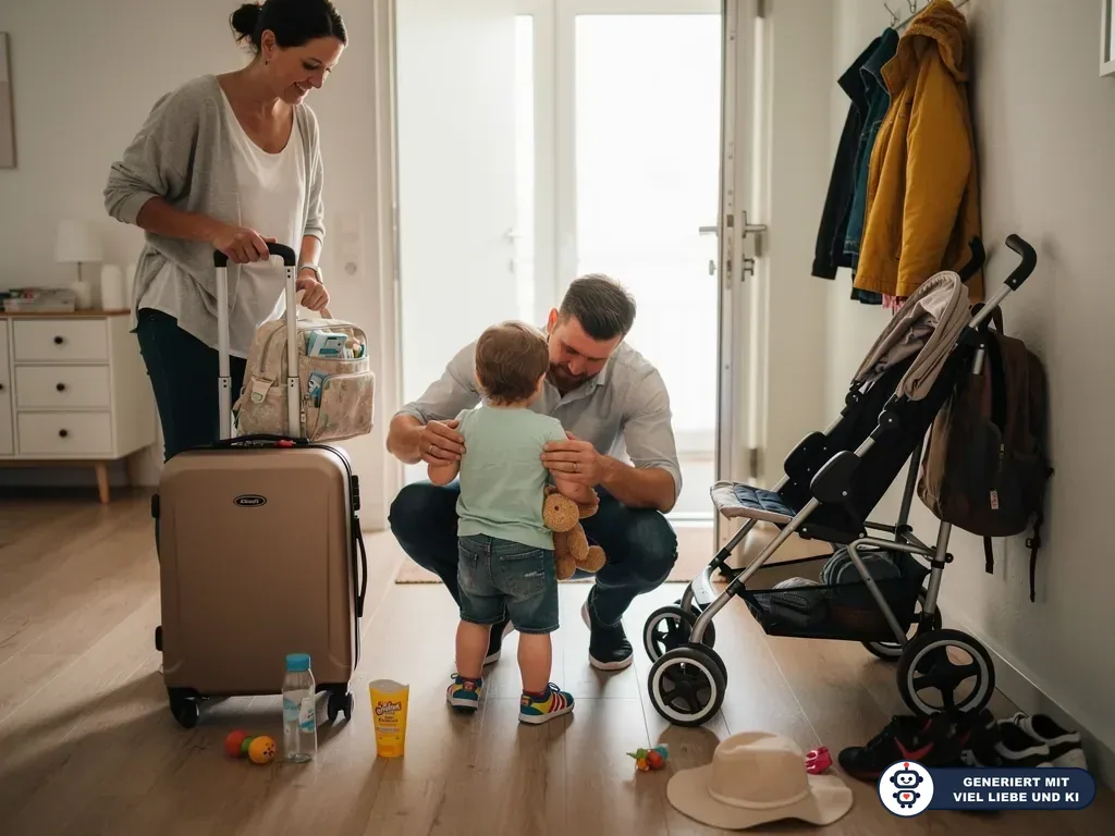 Familie im Flur vor der Reise: Mutter mit Koffer, Vater hockt beim Kleinkind, daneben Buggy und Gepäck. (mit KI erstellt)