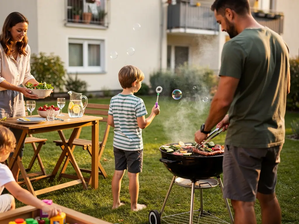 Familie im Garten beim Grillen; ein Kind spielt mit Seifenblasen nahe am Grill, die Mutter deckt den Tisch.