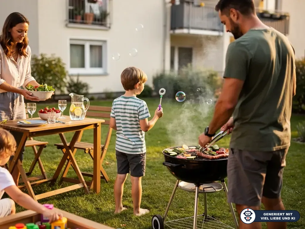Familie im Garten beim Grillen; ein Kind spielt mit Seifenblasen nahe am Grill, die Mutter deckt den Tisch. (mit KI erstellt)