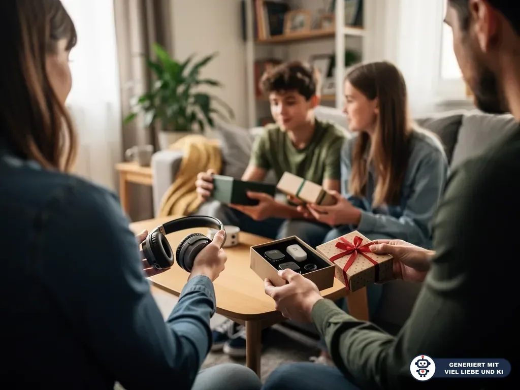 Familie im Wohnzimmer überreicht Teenagern Geschenkboxen und Kopfhörer am Couchtisch. (mit KI erstellt)