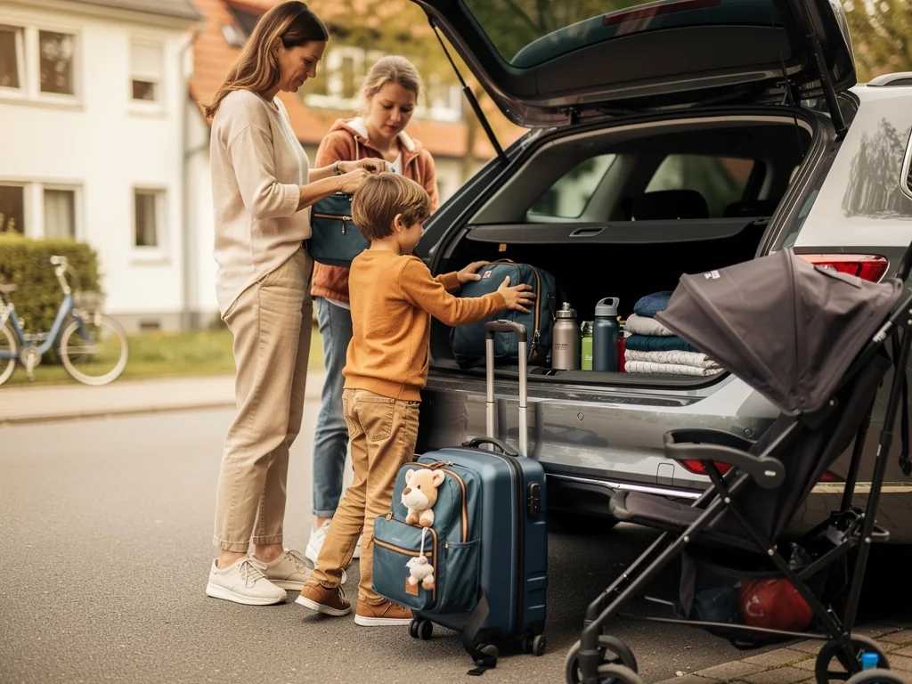 Familie lädt Koffer, Rucksack und Kinderwagen in ein Auto vor einem Wohnhaus.