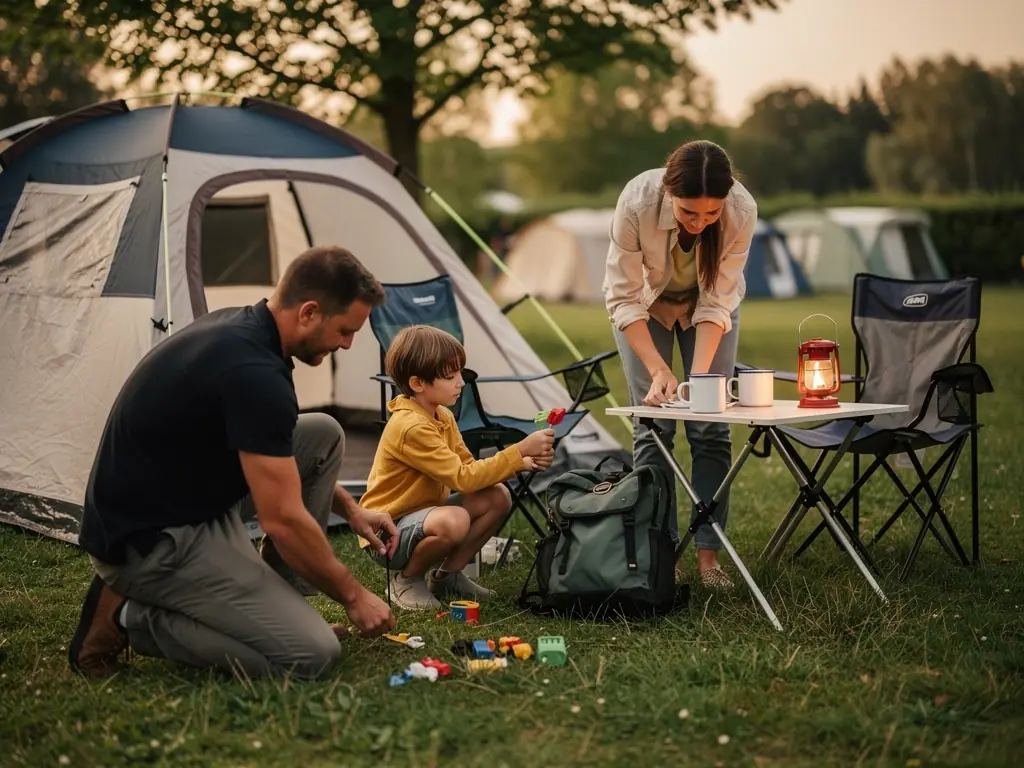 Familie mit Kind richtet am Zeltplatz Tisch, Lampe und Spielzeug vor einem großen Campingzelt ein.