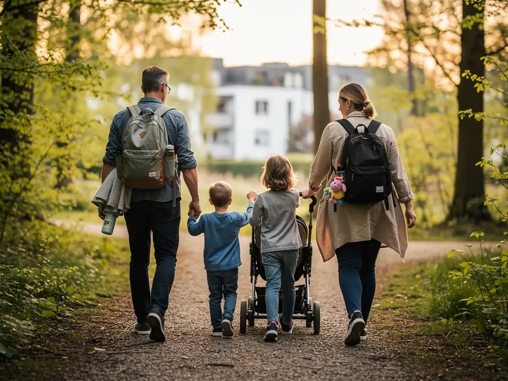 Familie mit Kinderwagen spaziert auf einem Waldweg im warmen Abendlicht.
