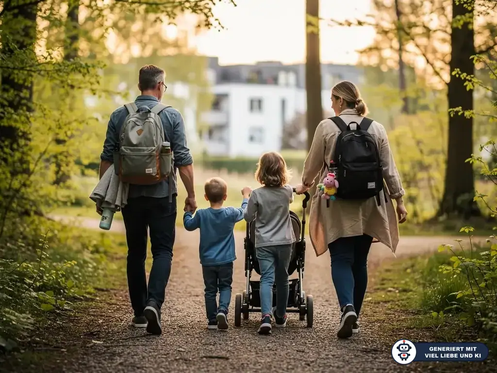 Familie mit Kinderwagen spaziert auf einem Waldweg im warmen Abendlicht. (mit KI erstellt)