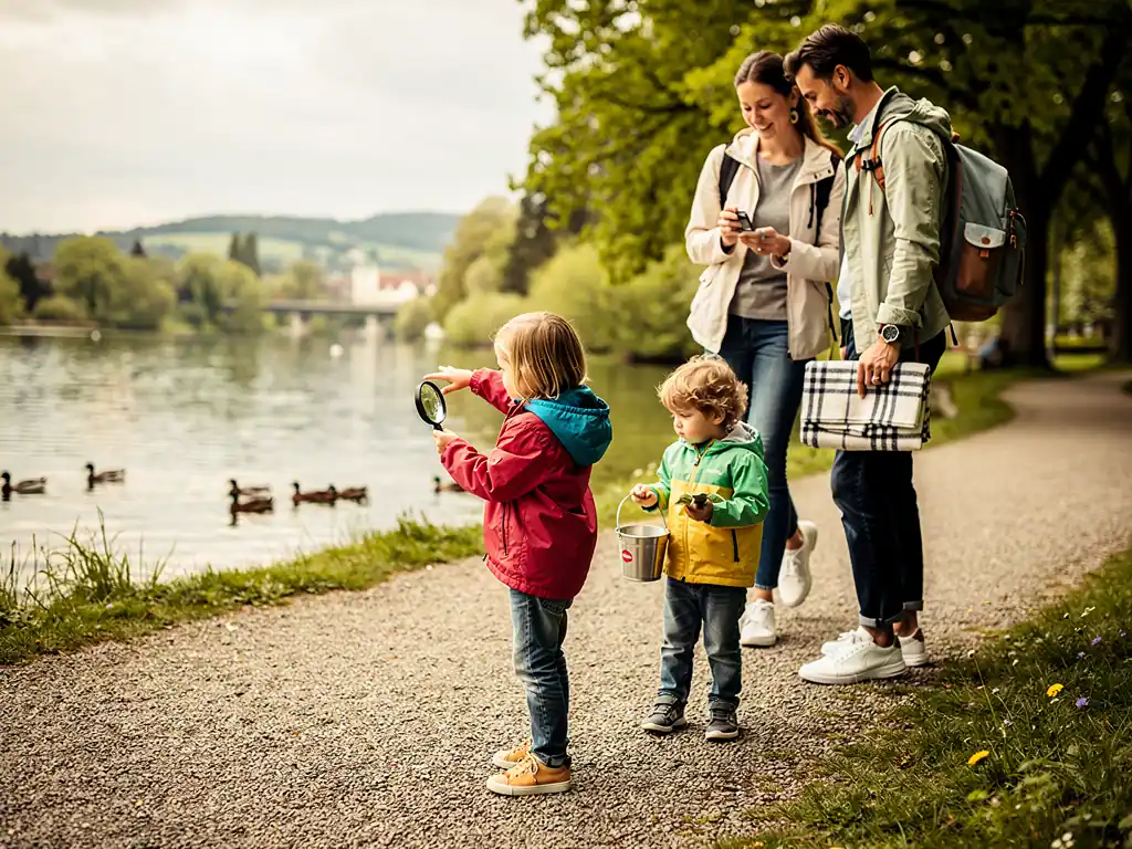 Familie mit Rucksack am Seeufer; zwei Kinder halten Lupe, Eimer und Spielzeug nahe am Wasser.