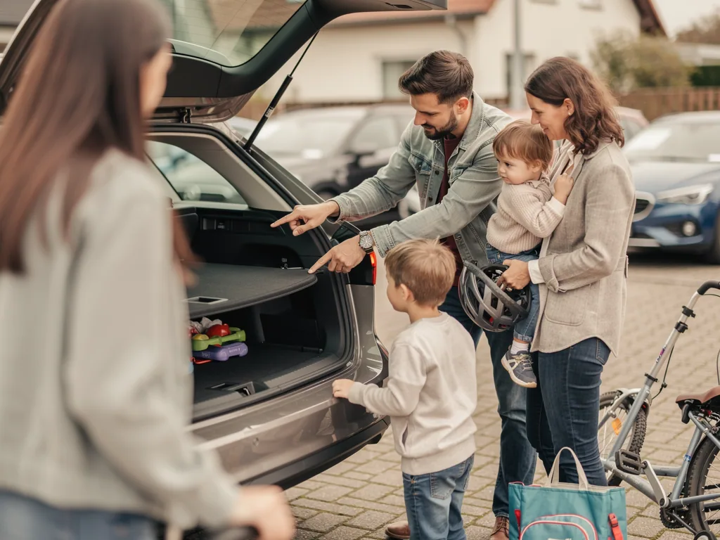 Familie mit zwei Kindern begutachtet den Kofferraum eines Autos auf einem Händlerparkplatz.