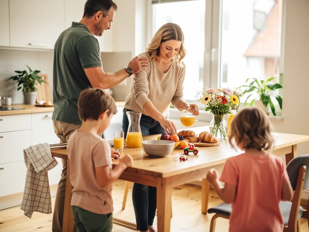 Familie mit zwei Kindern bereitet in heller Küche gemeinsam ein Frühstück mit Saft, Obst und Blumen vor.