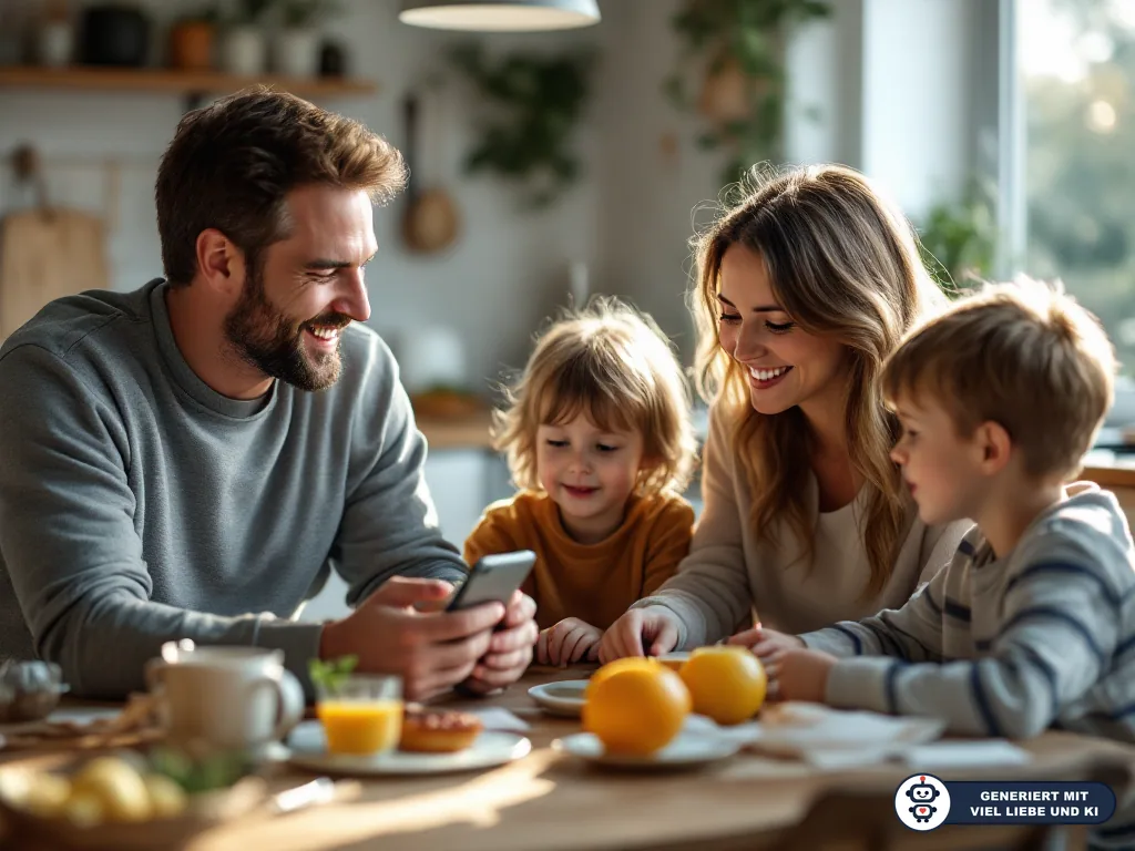 Familie mit zwei Kindern sitzt am Frühstückstisch und schaut gemeinsam auf ein Smartphone. (mit KI erstellt)