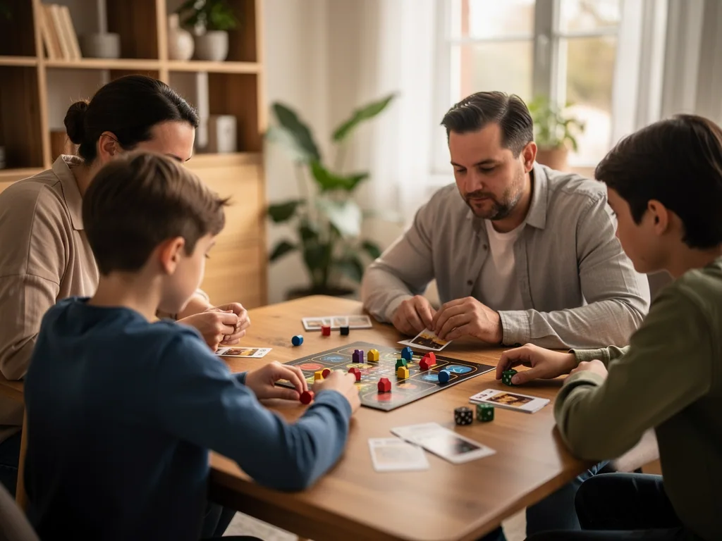 Familie mit zwei Kindern spielt ein Brettspiel mit Karten, Figuren und Würfeln am Esstisch.