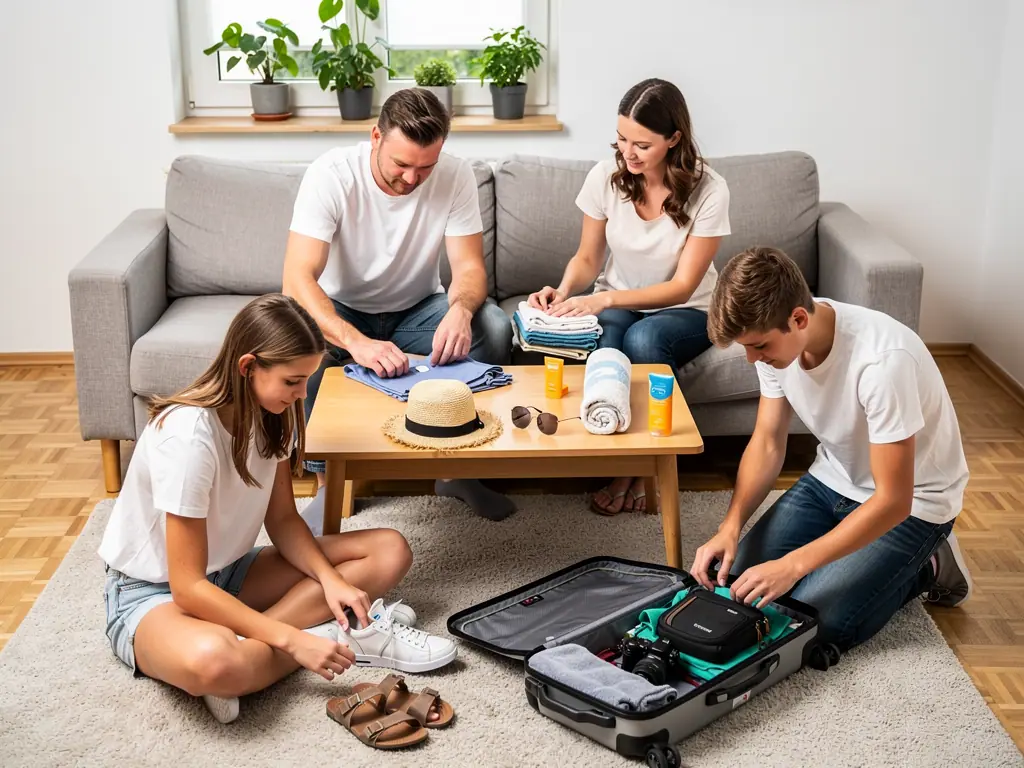 Familie mit zwei Teenagern packt im Wohnzimmer Koffer mit Kleidung, Sonnenschutz, Hut und Reiseutensilien.