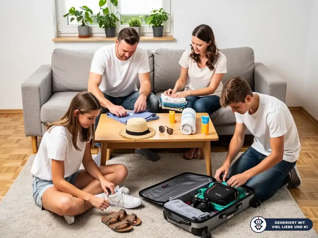 Familie mit zwei Teenagern packt im Wohnzimmer Koffer mit Kleidung, Sonnenschutz, Hut und Reiseutensilien. (mit KI erstellt)