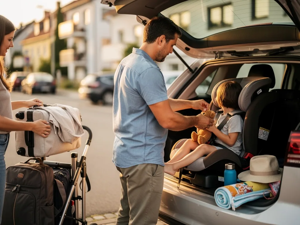 Familie packt das Auto für den Urlaub, Vater gibt Kind im Kindersitz einen Teddy, Mutter hält Gepäck.