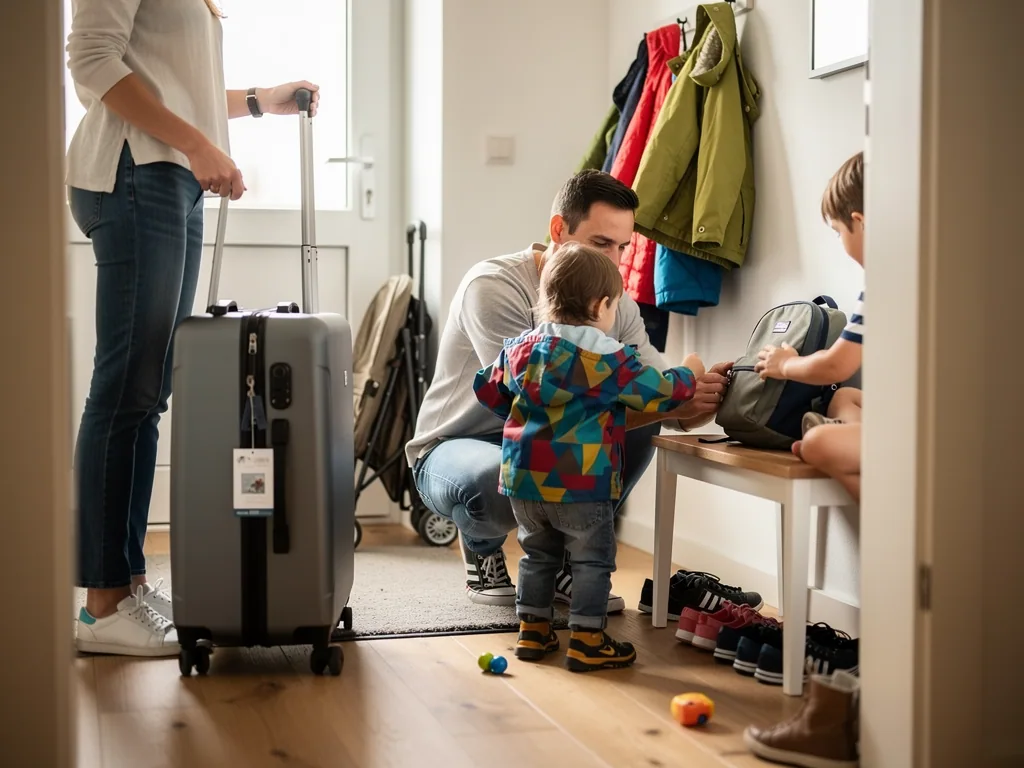 Familie packt im Flur Koffer und Kinderrucksack für eine Reise mit Kindern.