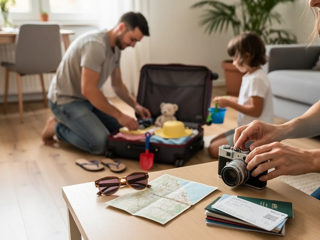 Familie packt im Wohnzimmer einen Koffer, Kind hält Strandspielzeug, auf dem Tisch liegen Karte, Sonnenbrille und Pässe.