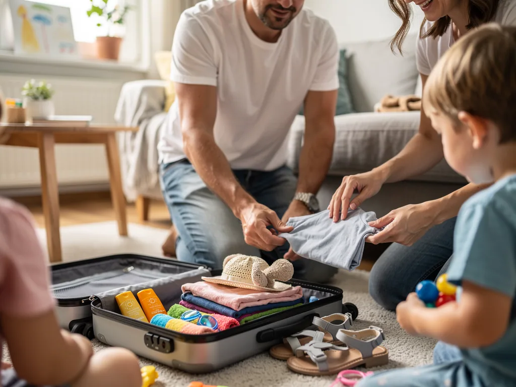 Familie packt im Wohnzimmer einen Koffer mit Kinderkleidung, Sandalen, Sonnencreme und Spielzeug.
