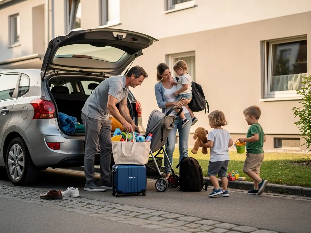 Familie packt Kinderwagen, Koffer und Spielzeug in ein Auto vor einem Wohnhaus.