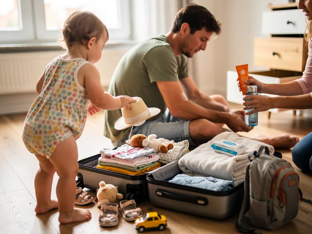 Familie packt Koffer für den Urlaub; Kleinkind steht daneben, Kleidung, Spielzeug und Sonnencreme liegen bereit.