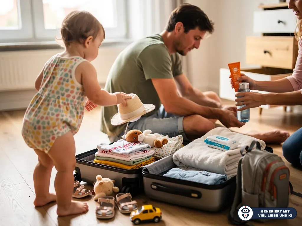 Familie packt Koffer für den Urlaub; Kleinkind steht daneben, Kleidung, Spielzeug und Sonnencreme liegen bereit. (mit KI erstellt)