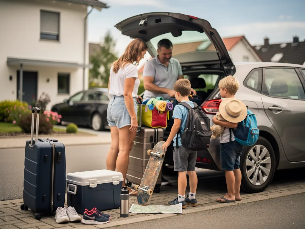 Familie packt vor dem Haus Koffer, Kühlbox, Skateboard und Rucksäcke in ein Auto für einen Kurztrip.