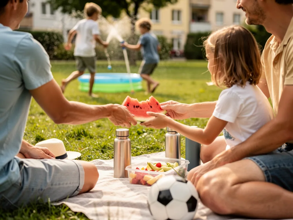 Familie picknickt im Garten: Ein Kind bekommt Wassermelone, daneben Obstboxen, Trinkflaschen und spielende Kinder.