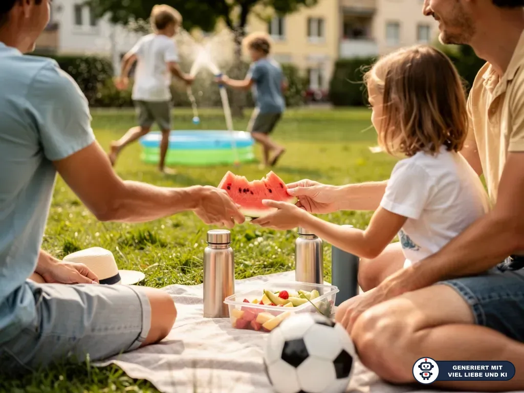Familie picknickt im Garten: Ein Kind bekommt Wassermelone, daneben Obstboxen, Trinkflaschen und spielende Kinder. (mit KI erstellt)