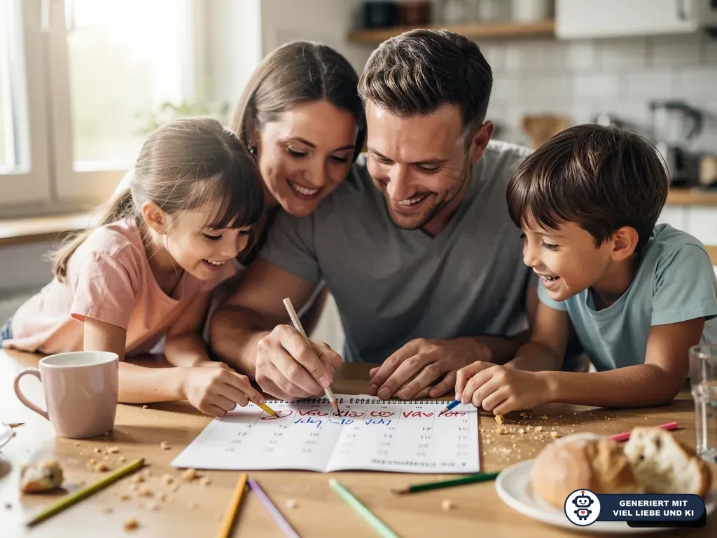 Familie plant am Küchentisch freie Tage in einem Kalender; Eltern und zwei Kinder schauen gemeinsam darauf. (mit KI erstellt)