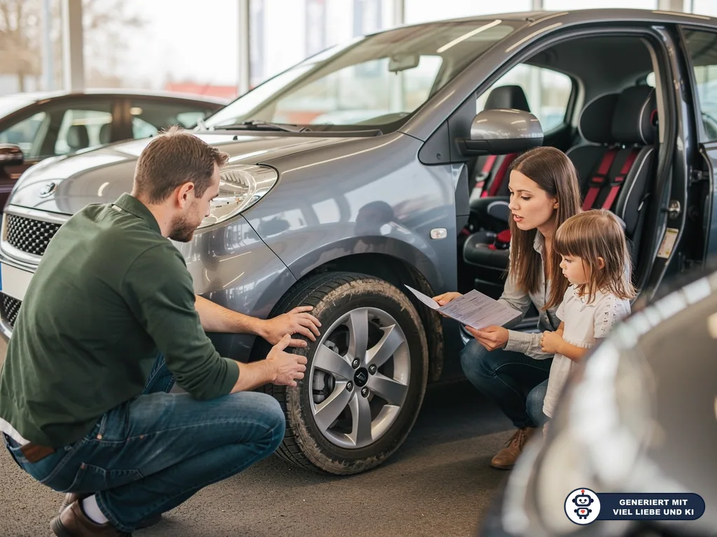 Familie prüft im Autohaus Reifen und Unterlagen eines grauen Autos mit Kindersitz auf der Rückbank. (mit KI erstellt)