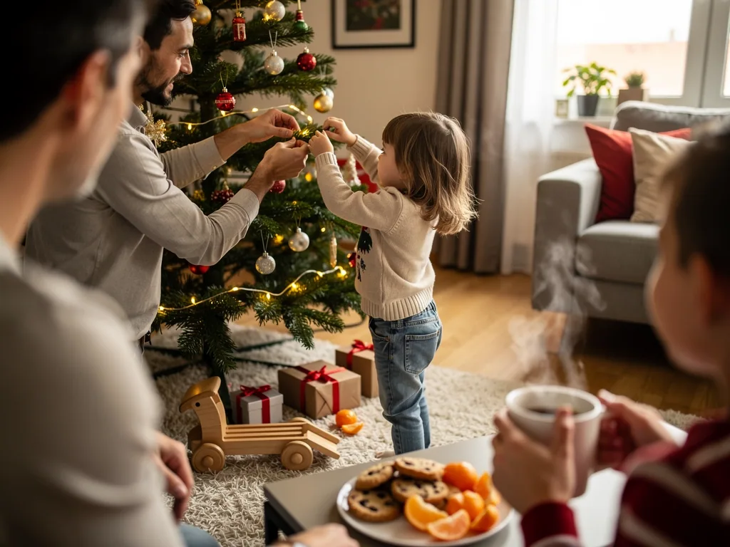Familie schmückt im Wohnzimmer gemeinsam den Weihnachtsbaum, ein Kind hängt mit einem Mann eine Lichterkette auf.