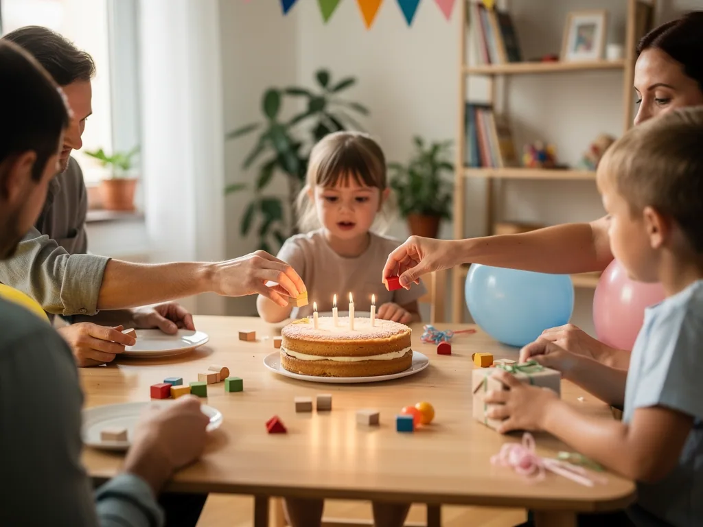 Familie sitzt am Geburtstagstisch, zündet Kerzen auf einem Kuchen an, daneben Luftballons und bunte Bausteine.