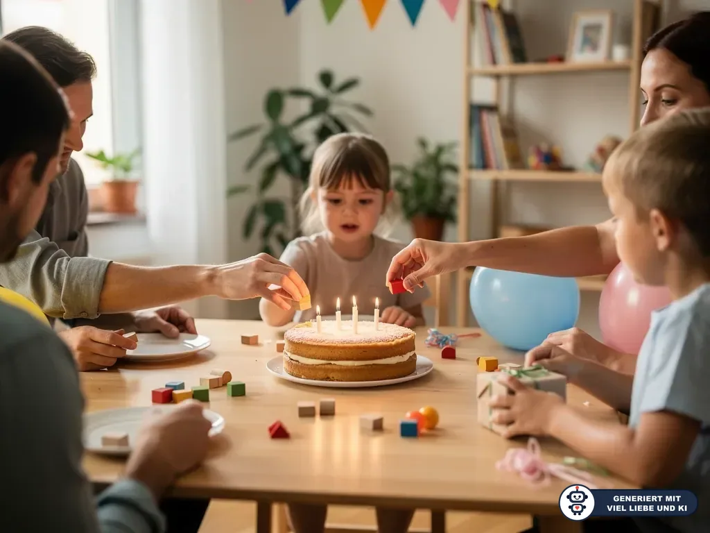 Familie sitzt am Geburtstagstisch, zündet Kerzen auf einem Kuchen an, daneben Luftballons und bunte Bausteine. (mit KI erstellt)