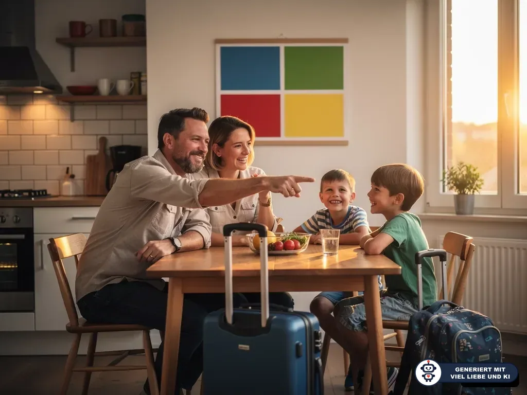 Familie sitzt am Küchentisch, Vater zeigt nach vorn, Koffer und Kinderrucksack stehen bereit. (mit KI erstellt)