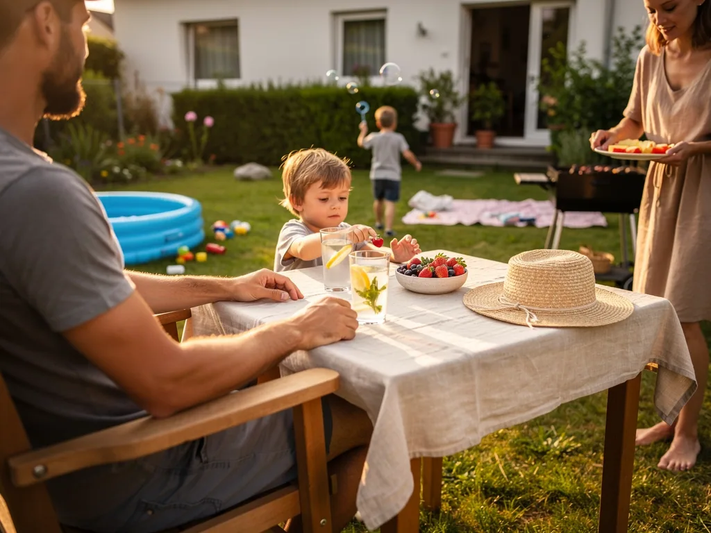 Familie sitzt im Garten am Tisch mit Obst und Getränken, Kinder spielen neben Planschbecken und Seifenblasen.