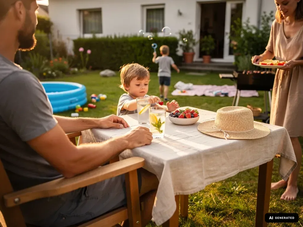 Familie sitzt im Garten am Tisch mit Obst und Getränken, Kinder spielen neben Planschbecken und Seifenblasen. (mit KI erstellt)