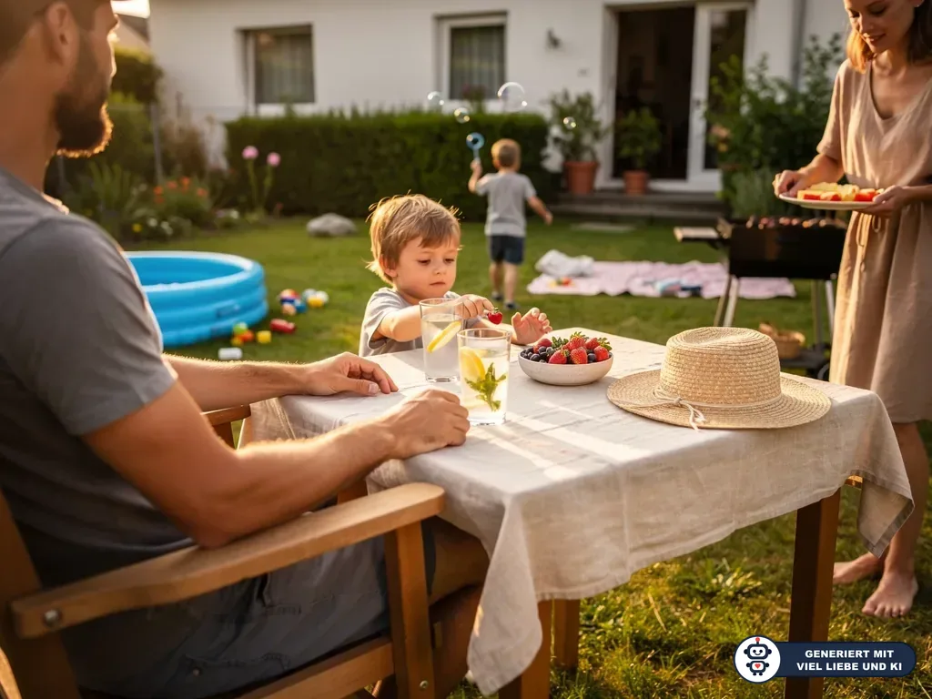 Familie sitzt im Garten am Tisch mit Obst und Getränken, Kinder spielen neben Planschbecken und Seifenblasen. (mit KI erstellt)