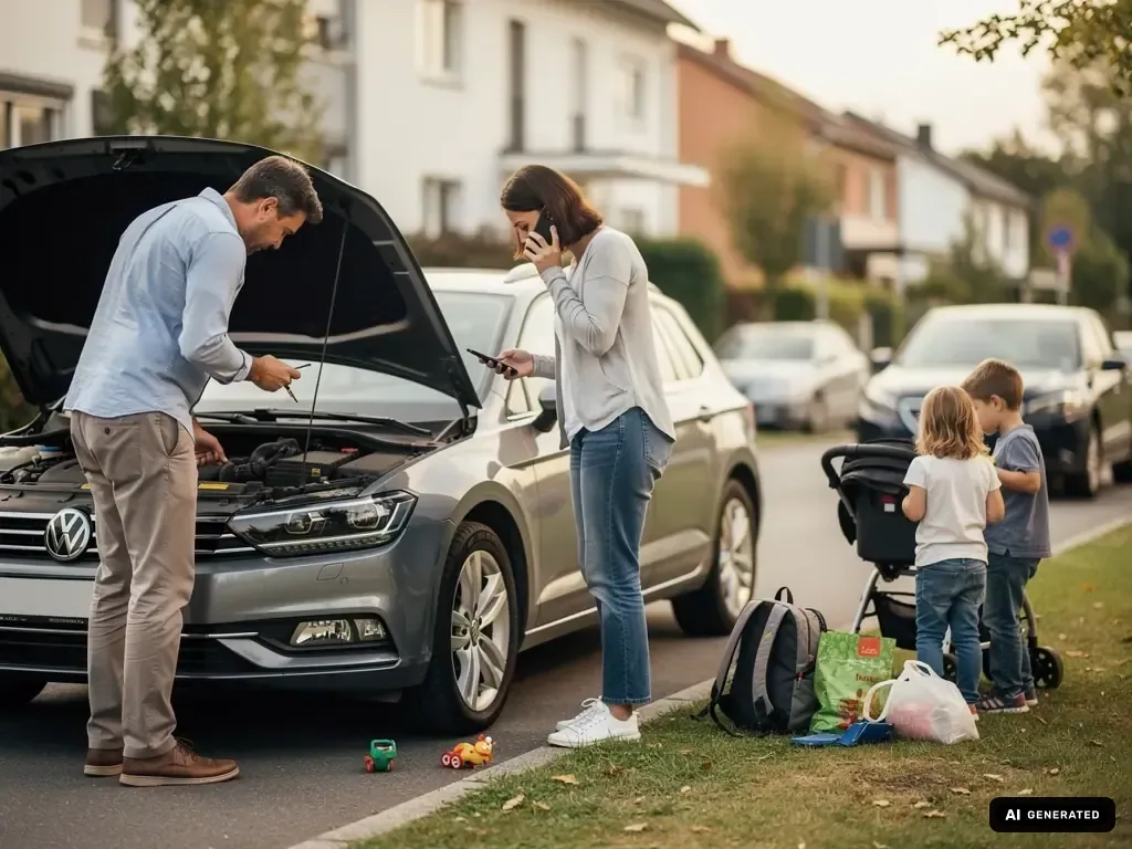 Familie steht neben liegen gebliebenem Auto mit geöffneter Motorhaube am Straßenrand, Frau telefoniert, Kinder warten. (mit KI erstellt)