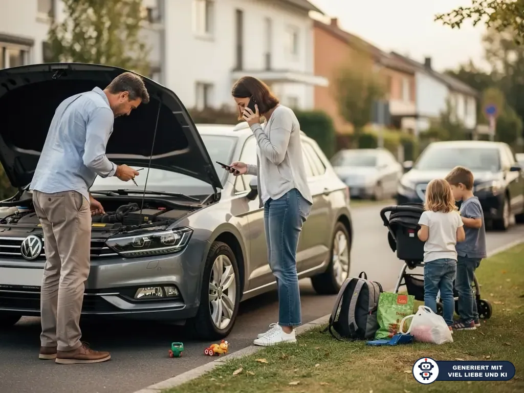 Familie steht neben liegen gebliebenem Auto mit geöffneter Motorhaube am Straßenrand, Frau telefoniert, Kinder warten. (mit KI erstellt)