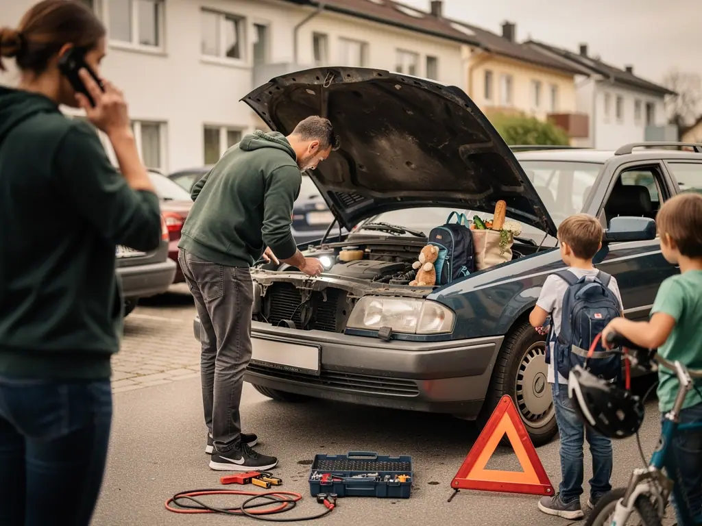 Familie steht vor defektem Auto mit offener Motorhaube; Vater prüft den Motor, Mutter telefoniert, Kinder warten.