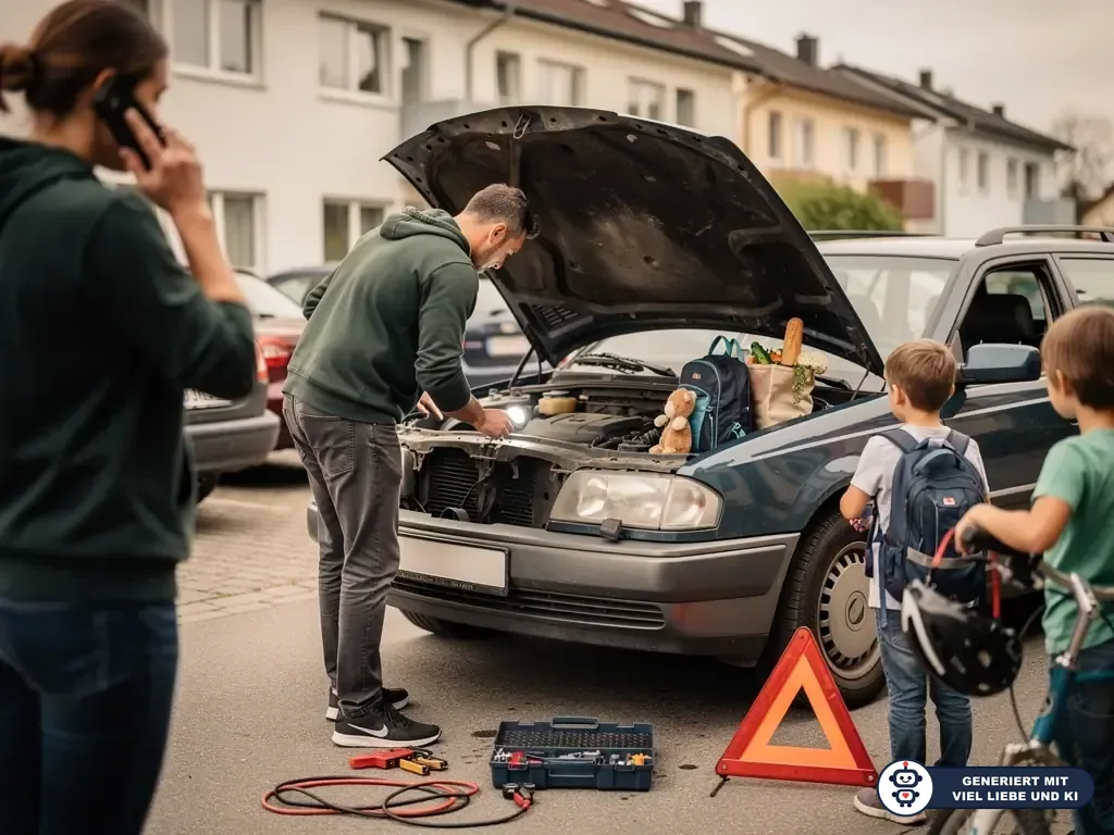Familie steht vor defektem Auto mit offener Motorhaube; Vater prüft den Motor, Mutter telefoniert, Kinder warten. (mit KI erstellt)