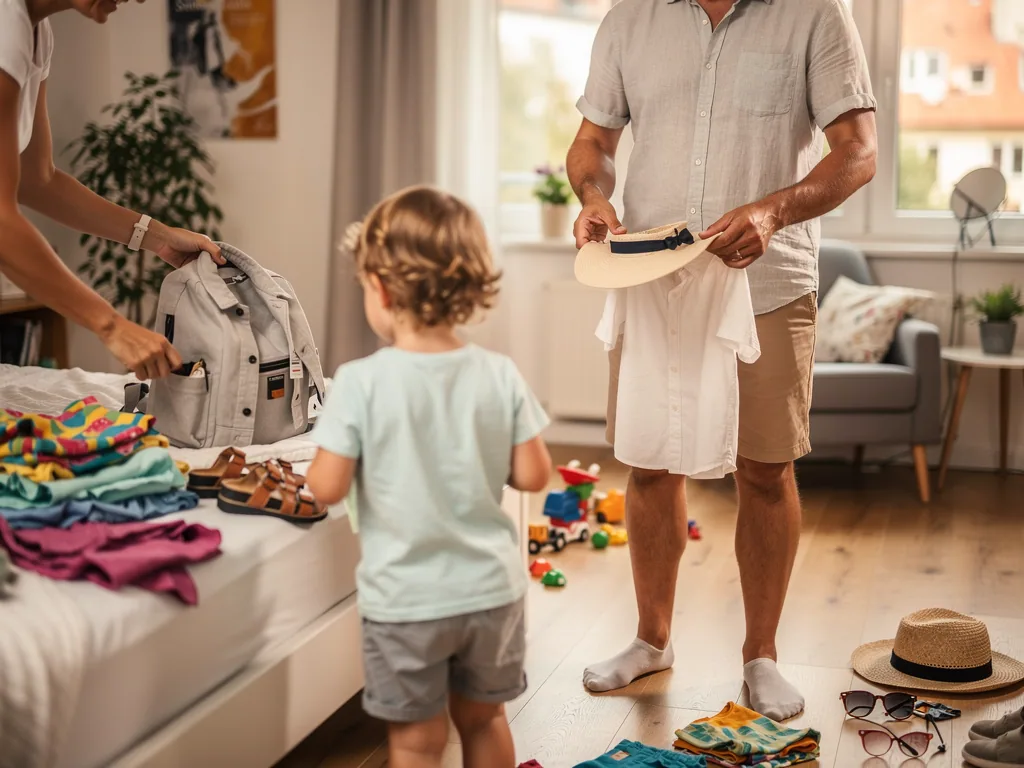 Familie wählt im hellen Zimmer leichte Sommerkleidung, Sandalen, Hüte und Rucksack für ein Kindergartenfest aus.