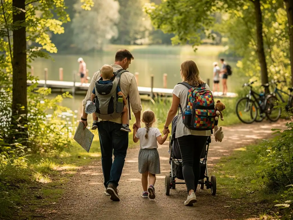Familie wandert mit Kinderrucksäcken, Kindertrage, Kinderwagen und Karte auf einem Waldweg am See.