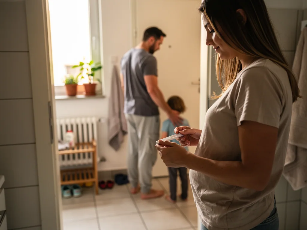 Frau hält einen Schwangerschaftstest im Bad, während Vater und Kind im Flur im Hintergrund stehen.