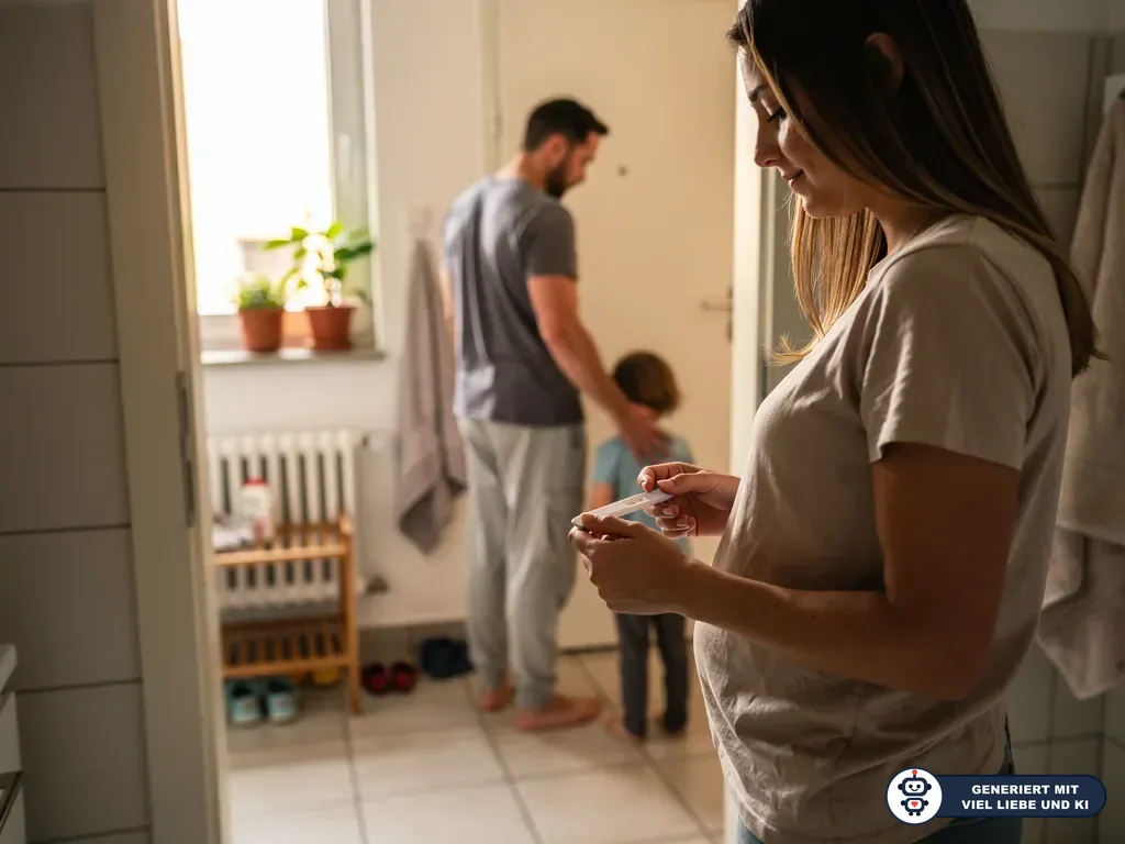 Frau hält einen Schwangerschaftstest im Bad, während Vater und Kind im Flur im Hintergrund stehen. (mit KI erstellt)