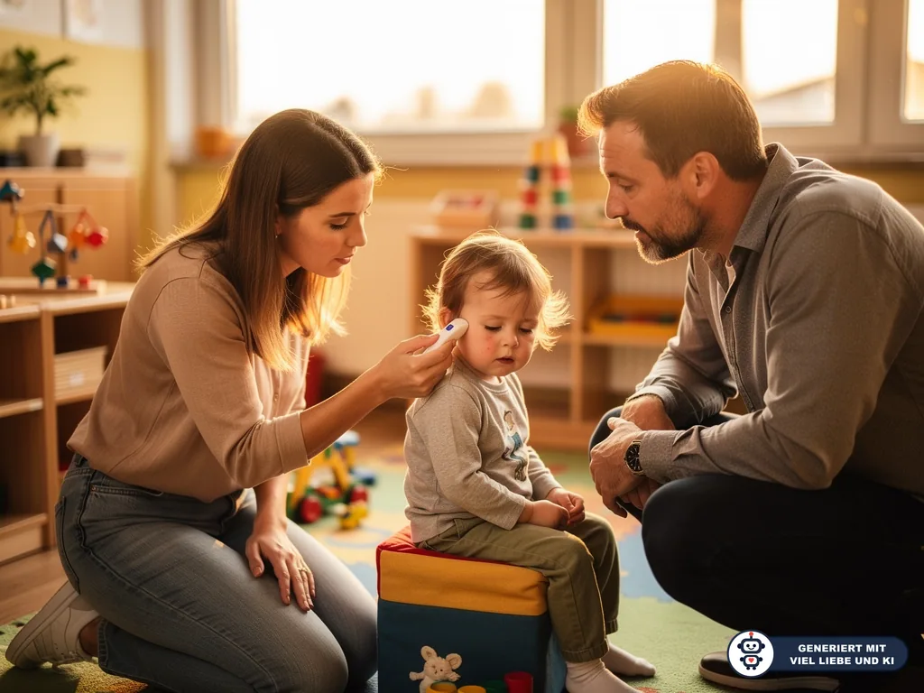 Frau misst einem Kleinkind in einem Spielzimmer Fieber, ein Vater beobachtet aufmerksam daneben. (mit KI erstellt)