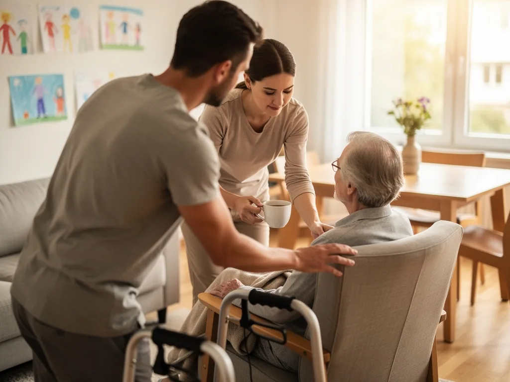 Frau reicht älterem Mann im Sessel eine Tasse, während ein Mann neben ihm steht; Rollator im Wohnzimmer.