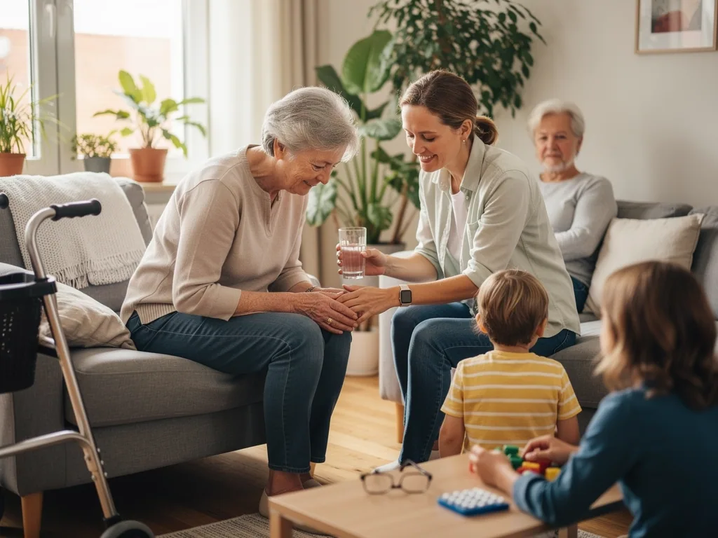 Frau reicht einer älteren Mutter ein Glas Wasser, Kinder und Vater sitzen im Wohnzimmer, Rollator steht daneben.