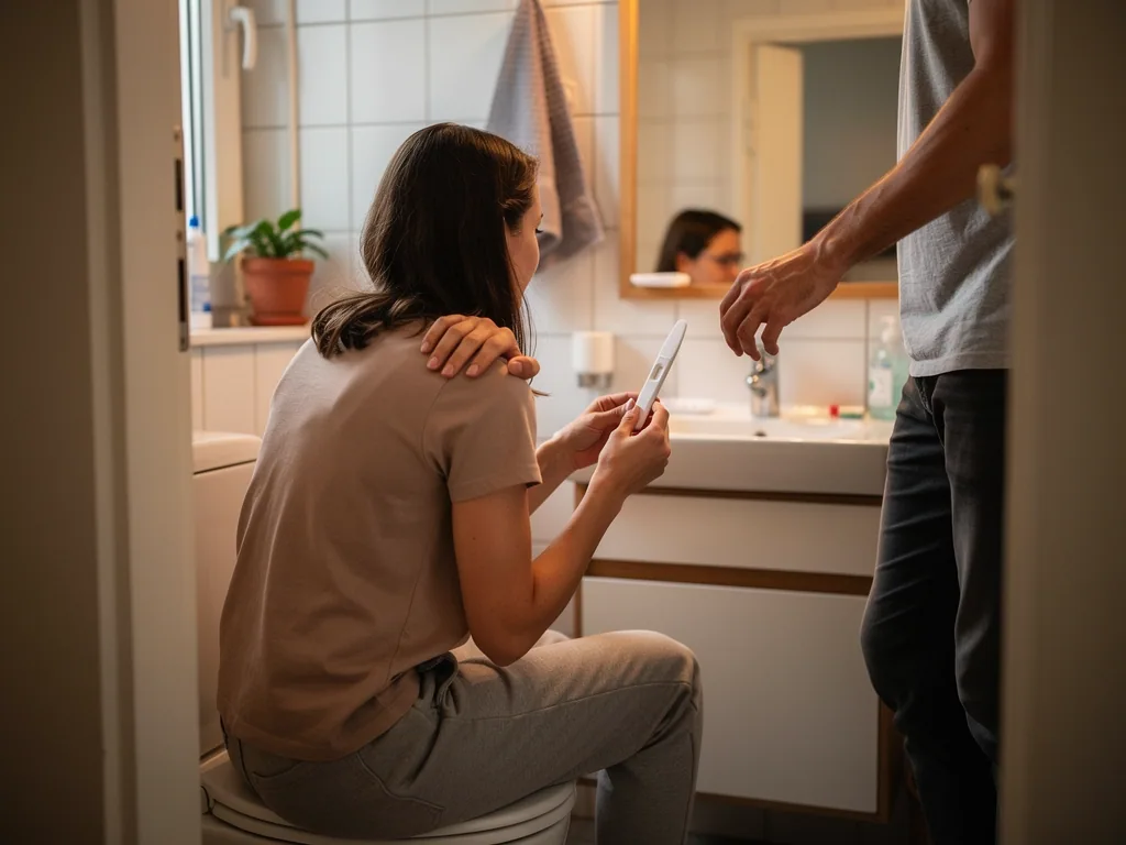 Frau sitzt im Bad auf der Toilette, hält einen Schwangerschaftstest; ein Mann legt ihr die Hand auf die Schulter.