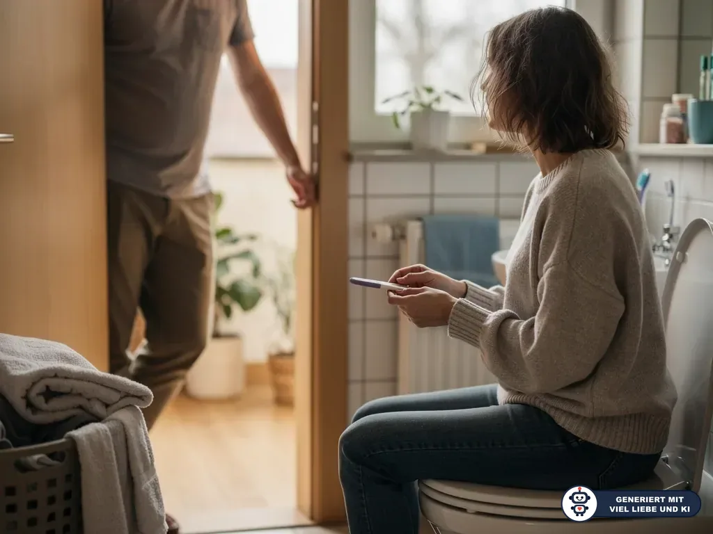 Frau sitzt im Bad auf der Toilette und hält einen Schwangerschaftstest, während eine Person in der Tür steht. (mit KI erstellt)