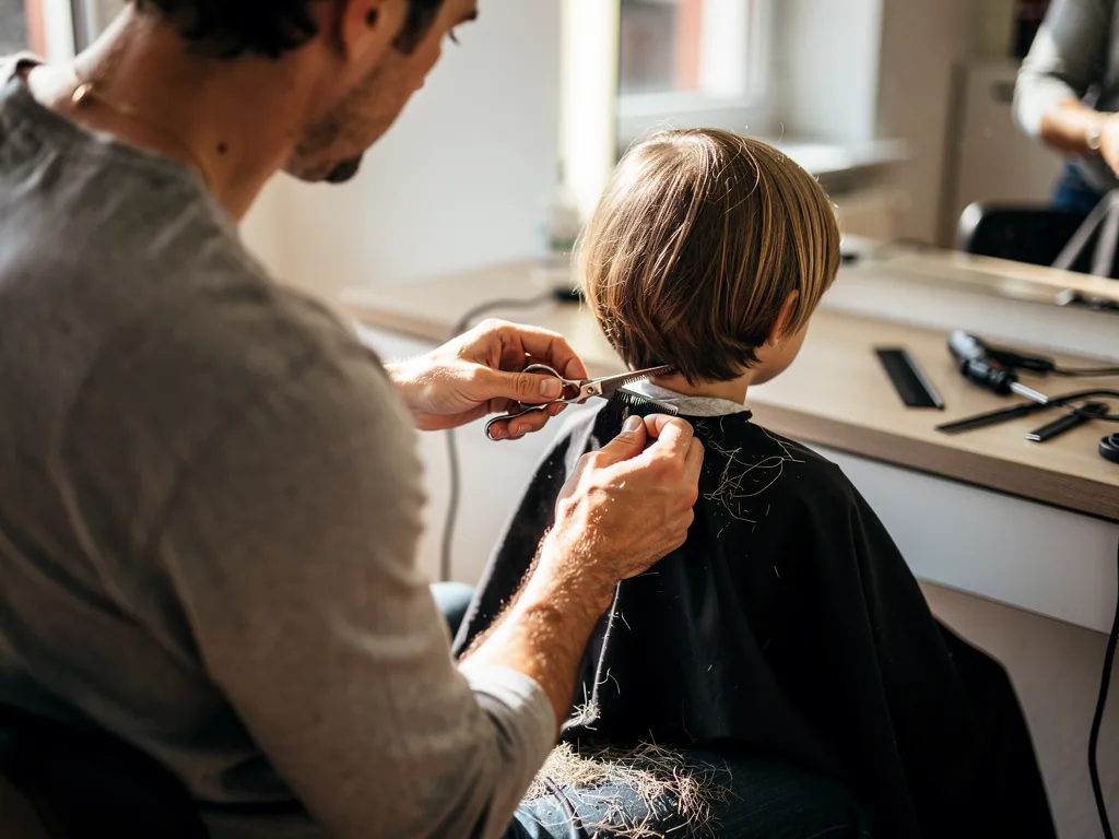 Friseur schneidet einem Kleinkind im Salon die Haare, auf dem Umhang liegen abgeschnittene Haarsträhnen.