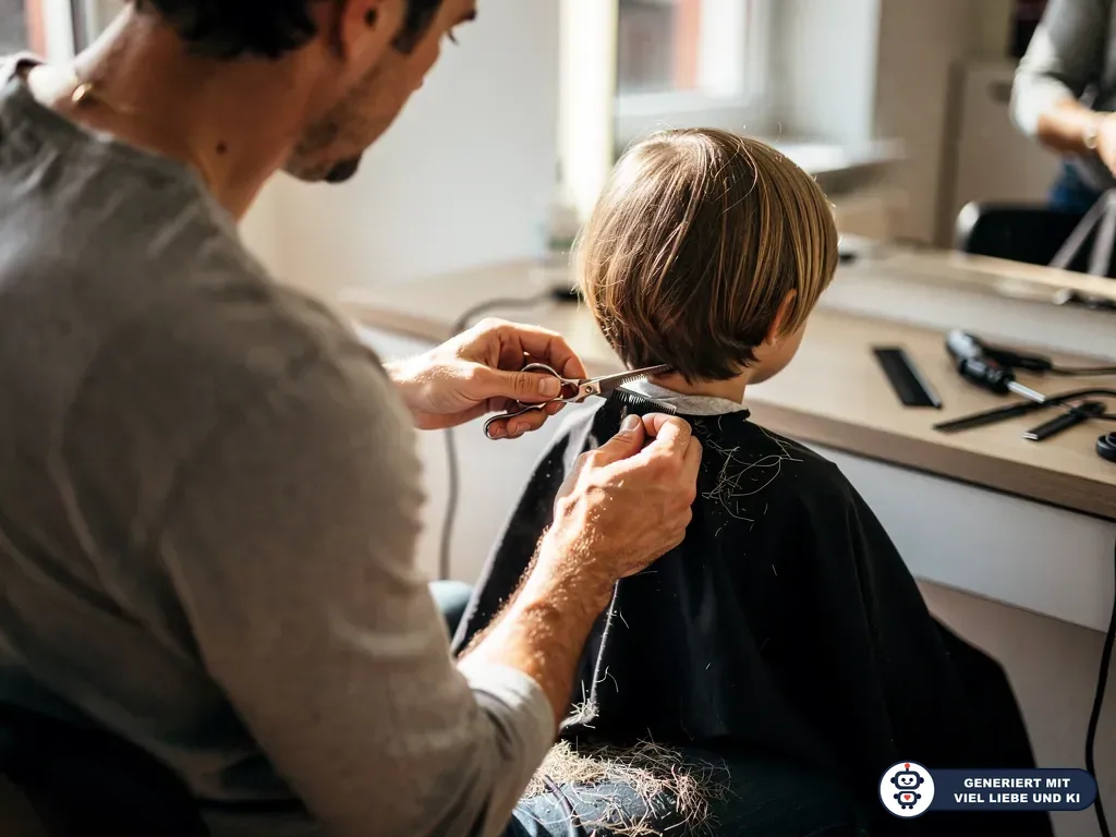 Friseur schneidet einem Kleinkind im Salon die Haare, auf dem Umhang liegen abgeschnittene Haarsträhnen. (mit KI erstellt)